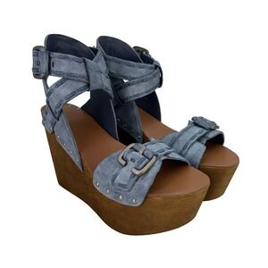 Joe's Shoes Womens Size 8M Strappy Wedge Sandals Blue Suede Leather Buckle Studs